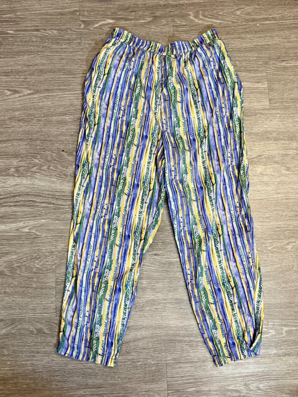 Vintage Melrose Studio 80s 90s 100% Silk Blue Yellow Abstract Pull On Pants